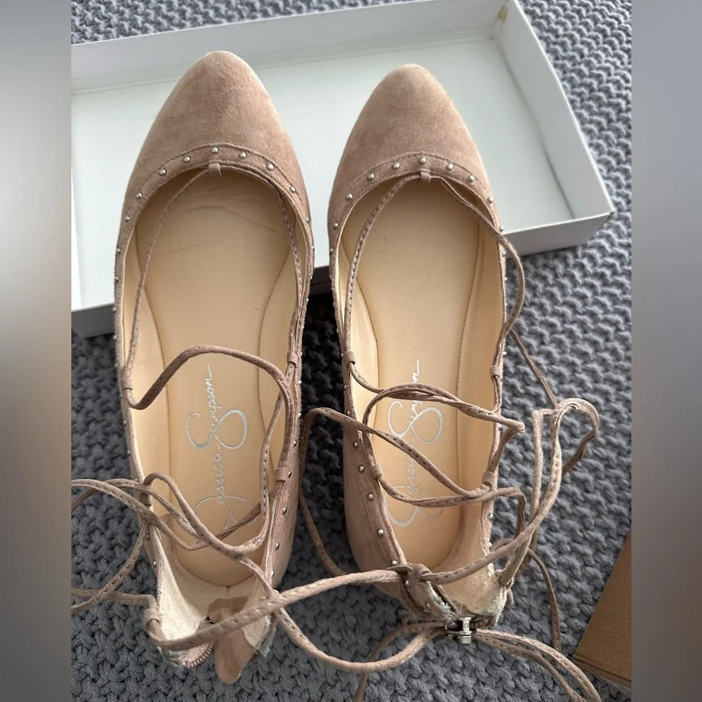 Jessica Simpson Taupe Lace-Up Suede Studded Flats - Picture 8 of 12